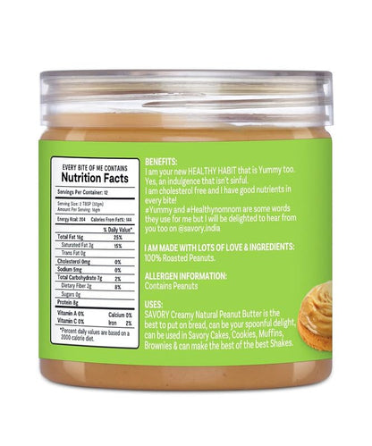 Savory Natural Unsweetened Peanut Butter (400g) | No Sugar & Salt | Made with Finest Roasted Peanuts | Ready to Eat